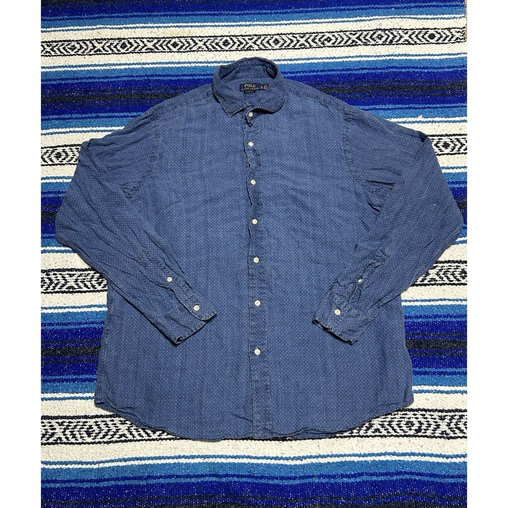 Polo Ralph Lauren Shirt Mens XL Blue 100% Linen Geometric Stars Pocket Button